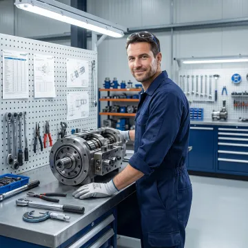 Hydraulic pump repair technician rebuilding a hydrostatic unit in a professional workshop