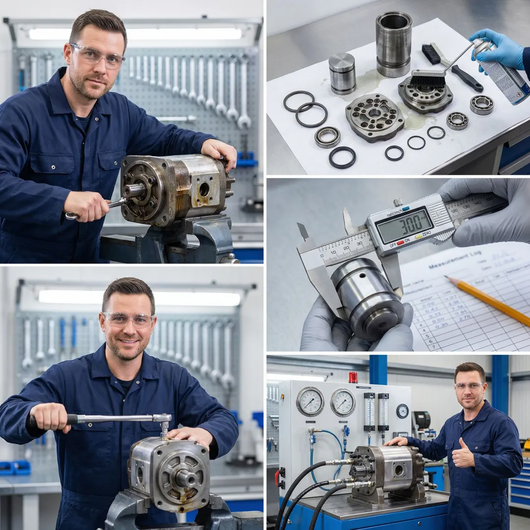 Step-by-step hydraulic pump rebuild process in a professional hydraulic repair facility