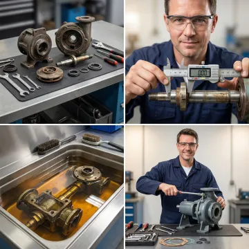 Step-by-step hydrostatic pump rebuild process in an industrial repair workshop