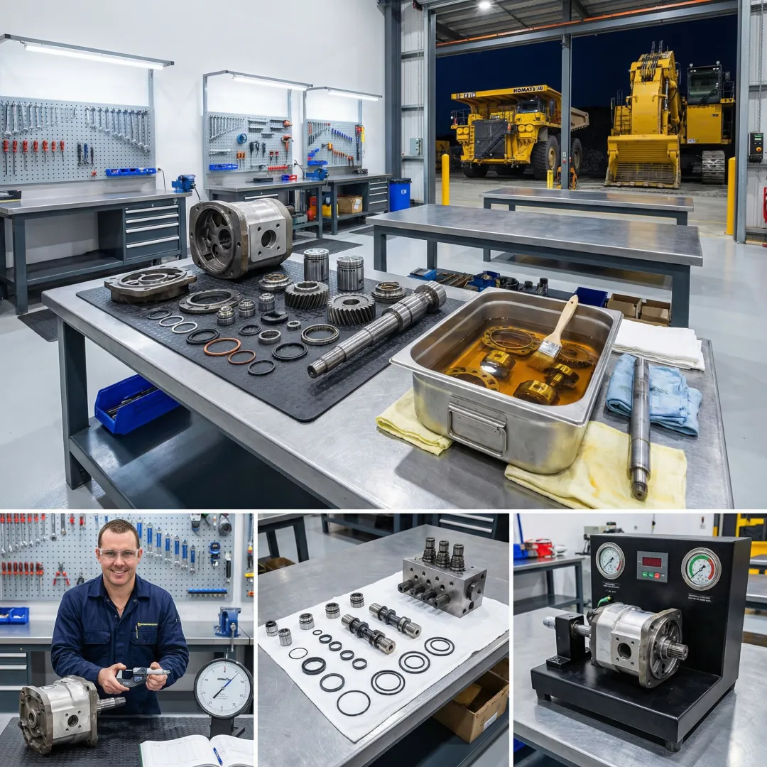 Step-by-step hydraulic pump rebuild process in a professional repair facility