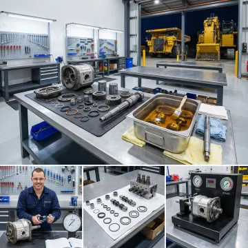 Step-by-step hydraulic pump rebuild process in a professional repair facility
