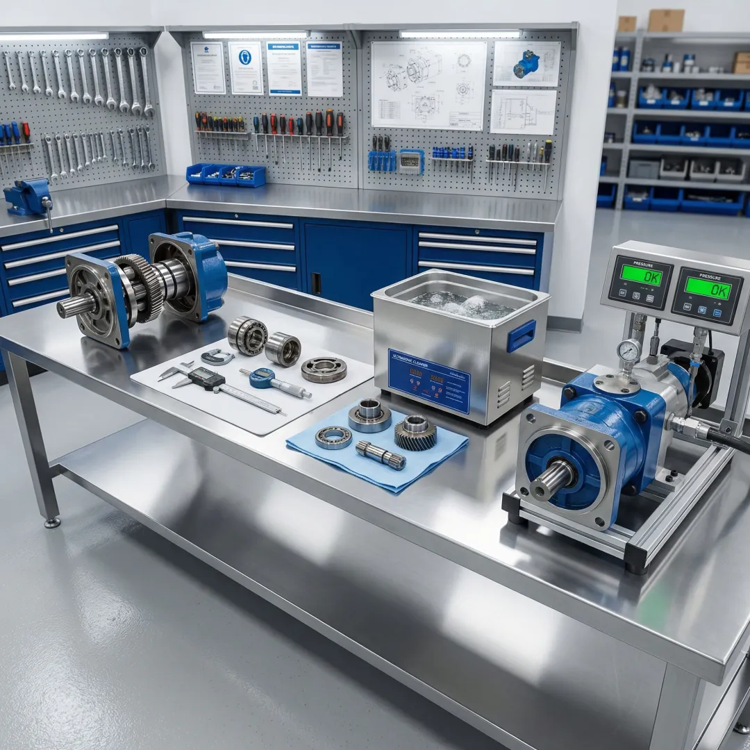 Step-by-step hydraulic motor rebuild process in a professional repair shop