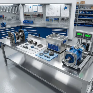Step-by-step hydraulic motor rebuild process in a professional repair shop