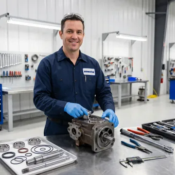 Komatsu hydraulic pump being rebuilt by a trained technician in a professional workshop
