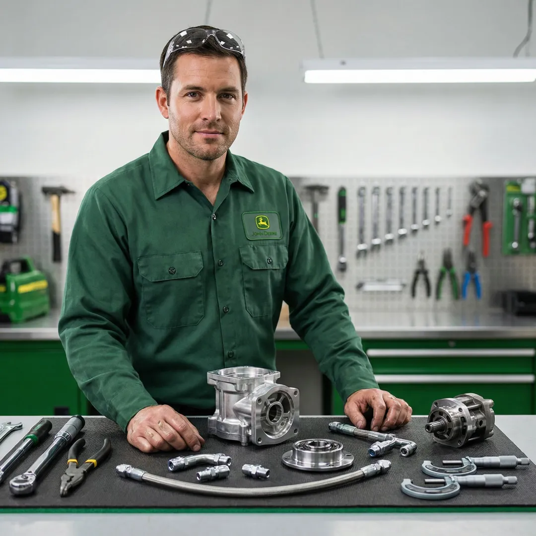 Technician rebuilding a John Deere 317 hydrostatic transmission on a workshop bench
