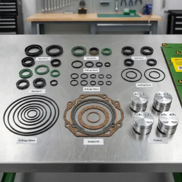John Deere 317 hydrostatic transmission rebuild kit components laid out on a workshop bench