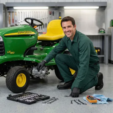 John Deere LT160 lawn tractor with hydrostatic transmission being serviced by a technician