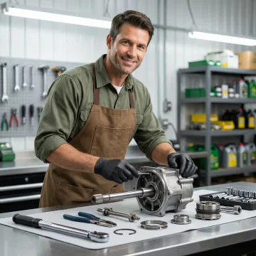 John Deere L130 lawn tractor hydrostatic transmission being inspected and repaired by a technician