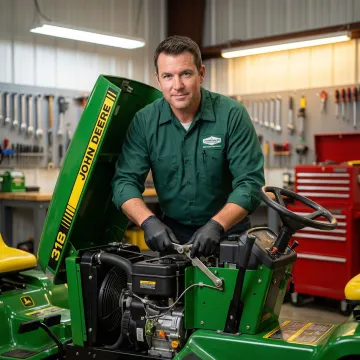 Technician adjusting John Deere 318 hydrostatic transmission components in a workshop