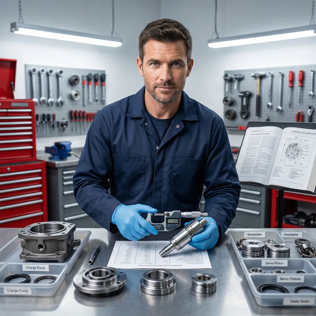 Hydrostatic transmission rebuild process showing disassembly and quality inspection steps