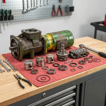 John Deere hydrostatic transmission parts and components laid out for inspection