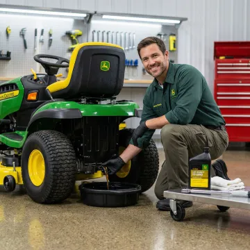 Technician performing a hydrostatic transmission oil change on a John Deere D140 lawn tractor