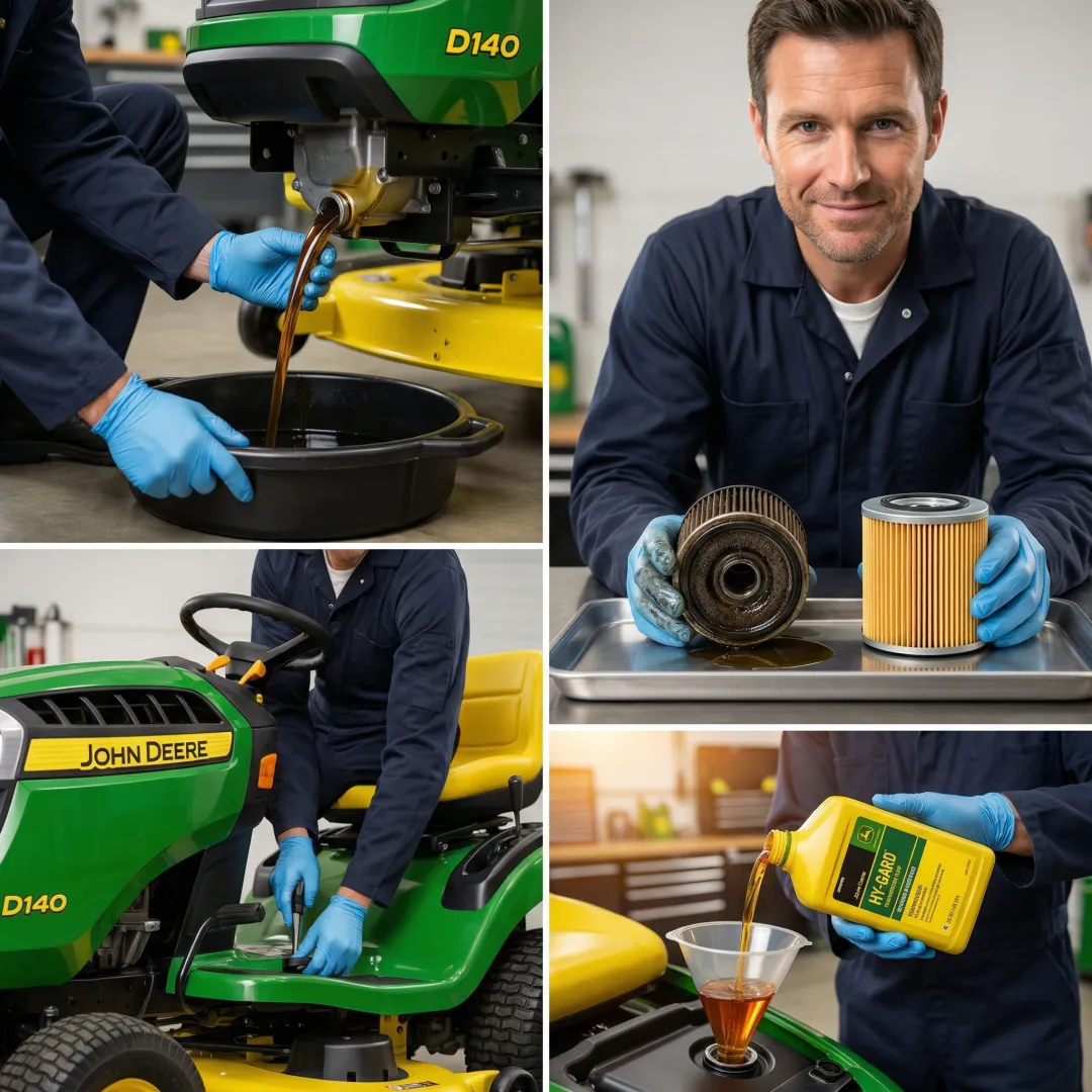 Step-by-step hydrostatic transmission oil change process on a John Deere D140
