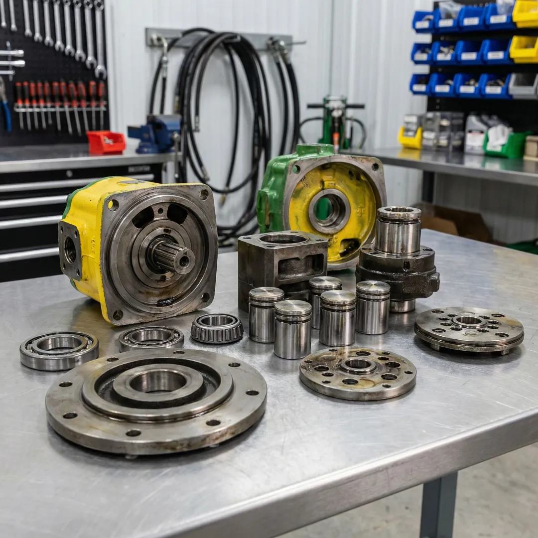 John Deere hydrostatic pump disassembled and being inspected on a workbench