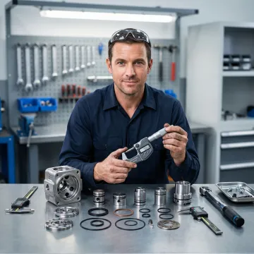 Technician performing precision measurement on hydraulic pump components during rebuild process