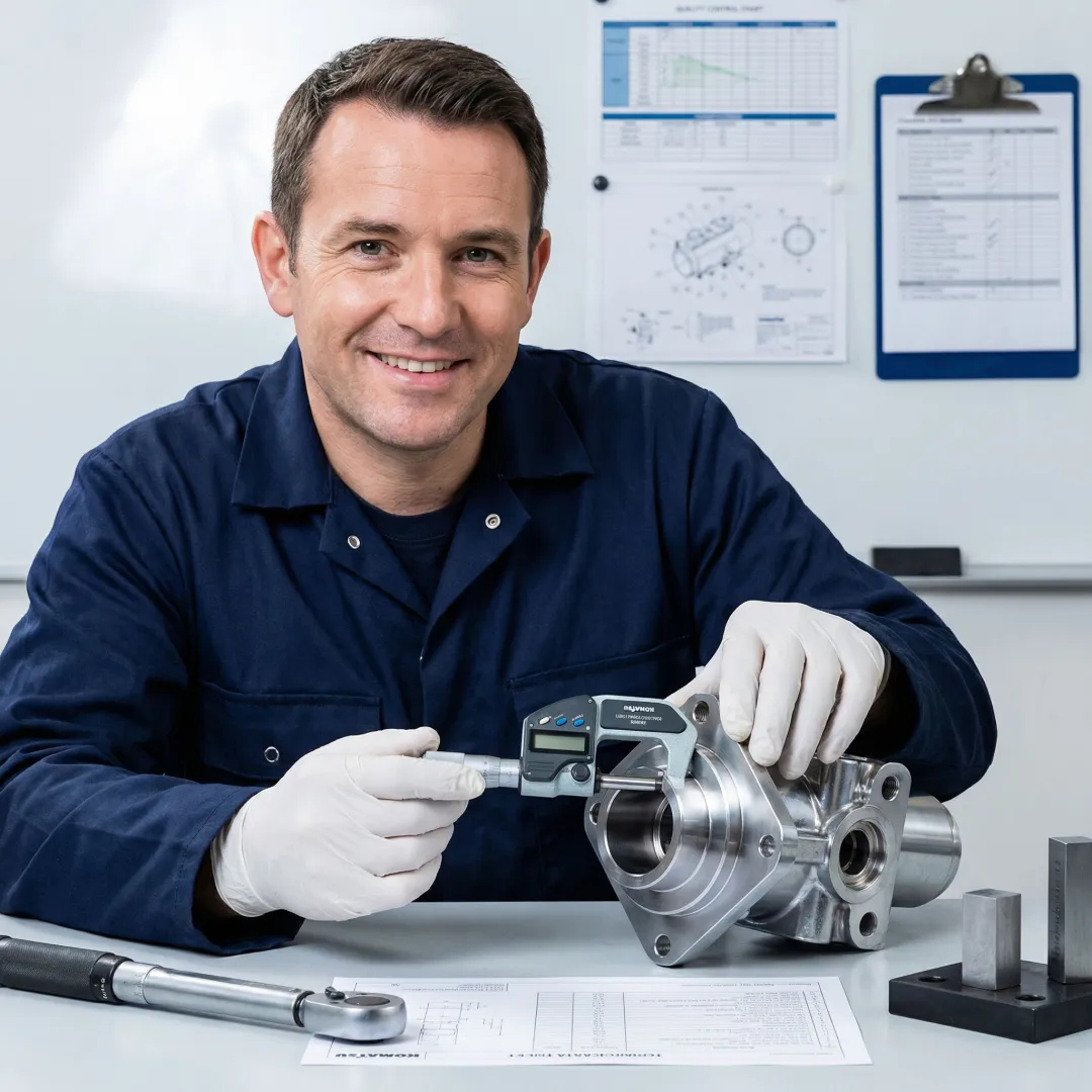 Hydraulic pump components being measured and tested during a professional rebuild process