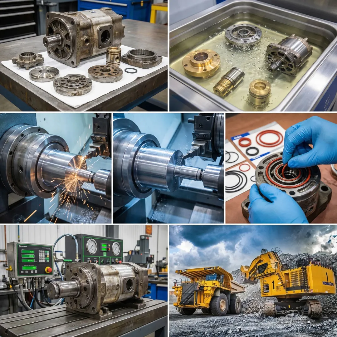 Step-by-step hydraulic pump rebuild process in a professional workshop