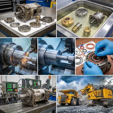 Step-by-step hydraulic pump rebuild process in a professional workshop