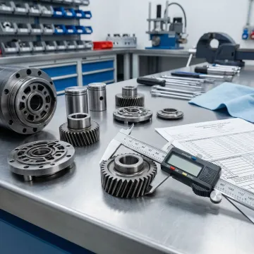 Hydraulic motor components being precision-measured and inspected on a workbench