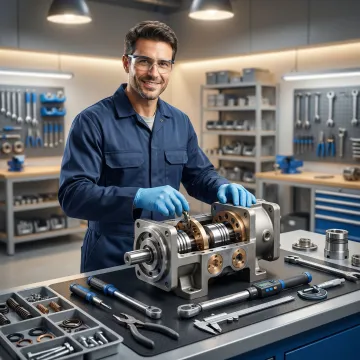 Technician rebuilding a hydrostatic pump on a workbench in an industrial repair facility