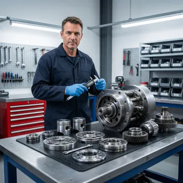 Hydraulic motor being rebuilt and tested by a technician in a professional service facility