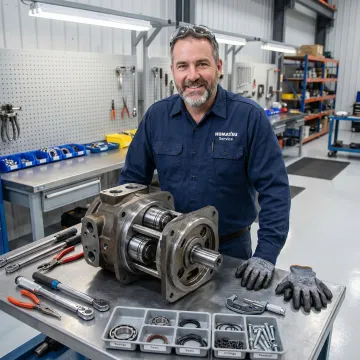 Technician rebuilding a hydrostatic pump motor in an industrial workshop