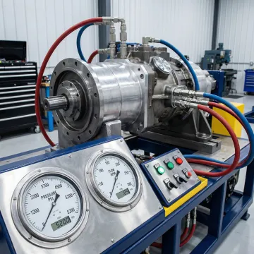 Hydrostatic transmission unit undergoing precision rebuild and testing on a hydraulic test bench