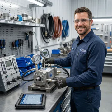 Hydraulic pump rebuild process showing technician testing and calibrating a unit