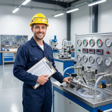 Technician testing a rebuilt hydraulic pump on a professional test bench in an industrial workshop