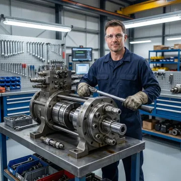 Technician repairing heavy equipment hydraulic pump in a professional workshop