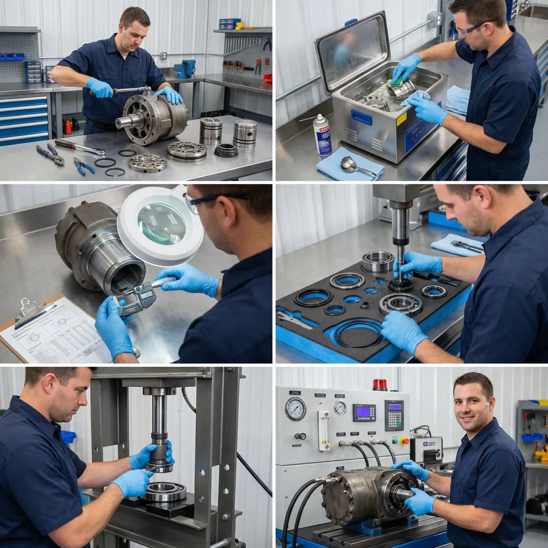 Step-by-step hydraulic pump rebuild process in an industrial repair facility