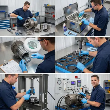 Step-by-step hydraulic pump rebuild process in an industrial repair facility