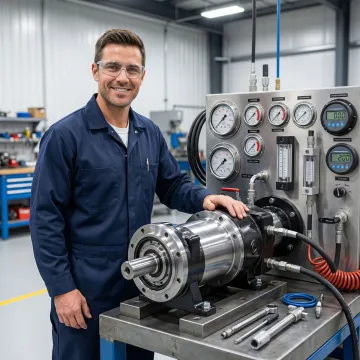 Step-by-step hydraulic pump rebuild process in a professional hydrostatic repair facility