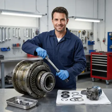 Heavy equipment final drive unit being rebuilt by a technician in a workshop