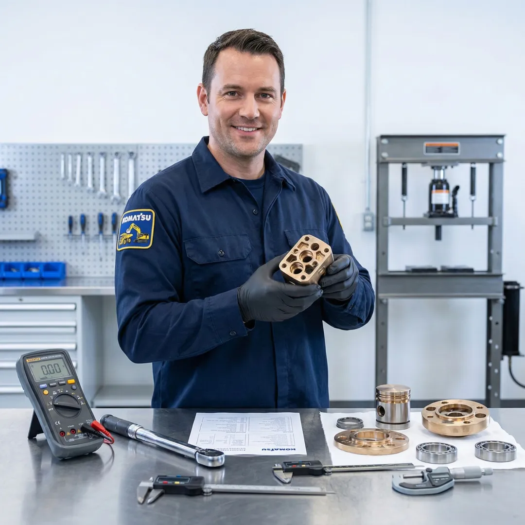 Technician inspecting hydrostatic transmission pump components on a workbench
