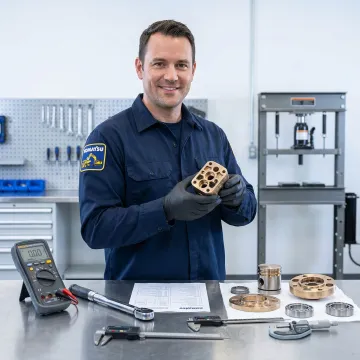 Technician inspecting hydrostatic transmission pump components on a workbench