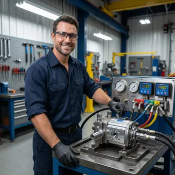 Technician calibrating and testing a rebuilt hydraulic pump on a test bench in a professional workshop