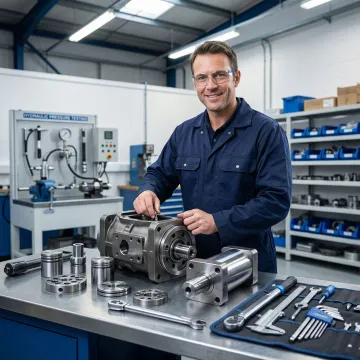 Industrial hydraulic pump being rebuilt by a technician in a workshop