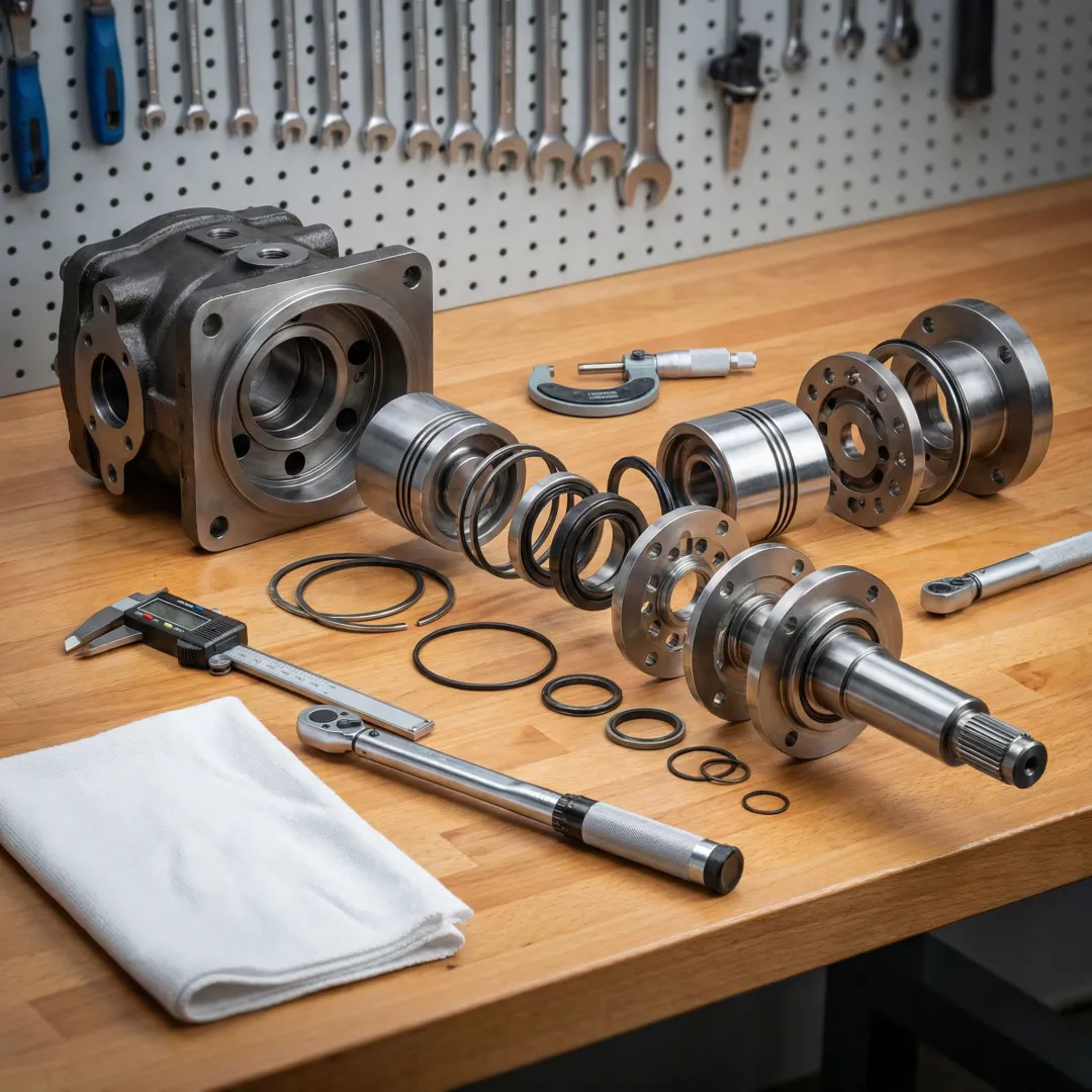 Hydraulic pump rebuild process in a professional workshop