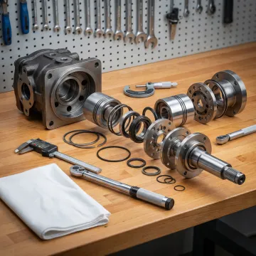 Hydraulic pump rebuild process in a professional workshop