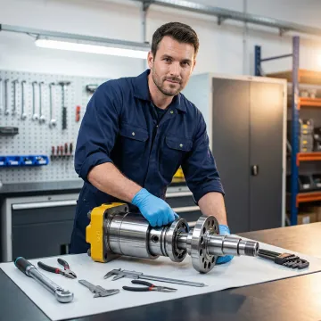 Technician rebuilding a hydraulic piston motor on a workbench