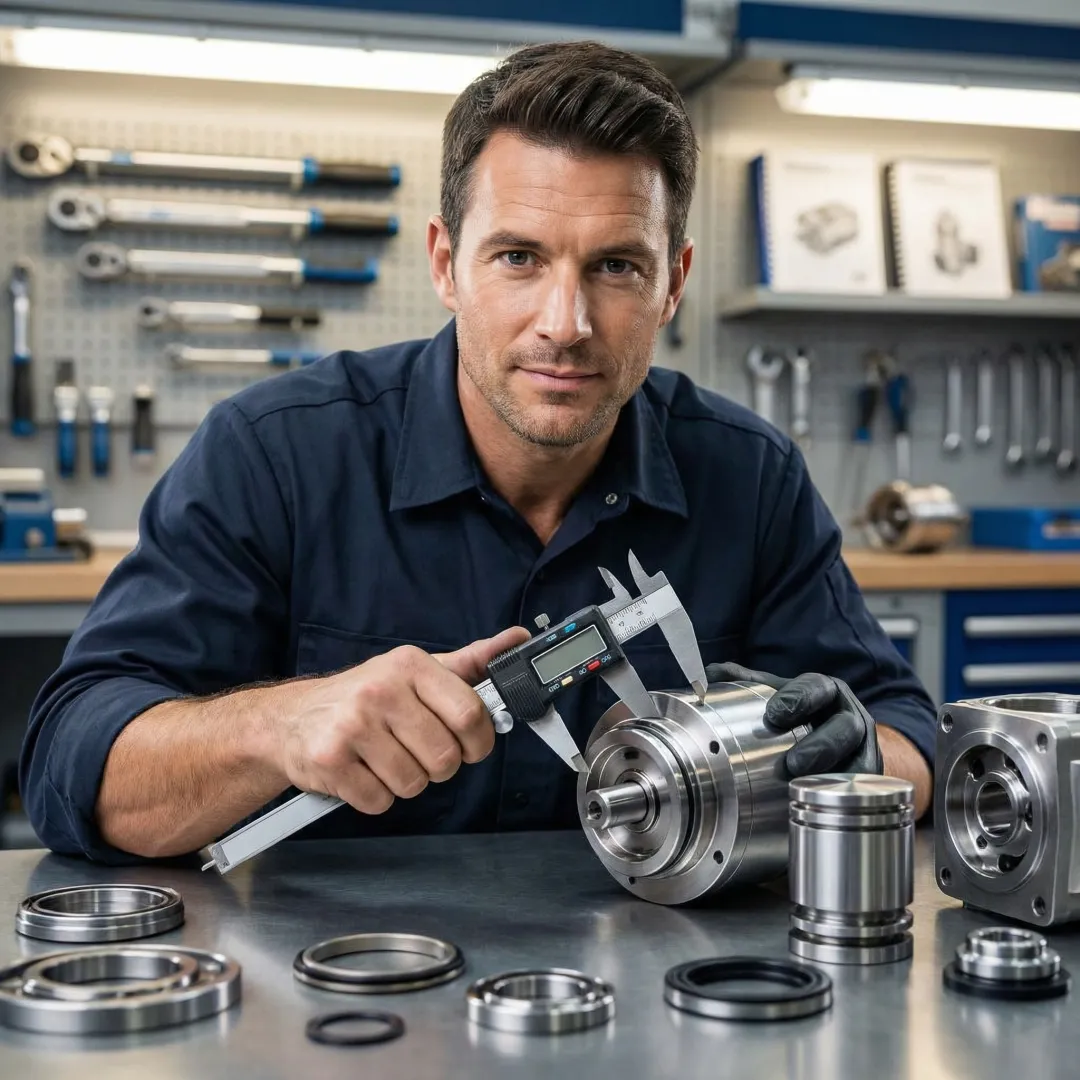 Hydraulic pump rebuild process showing disassembly and precision measurement