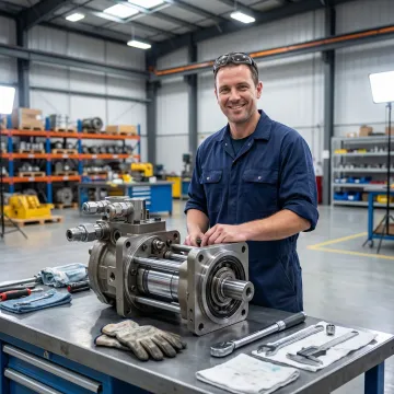 Technician rebuilding a hydraulic pump in a professional repair shop