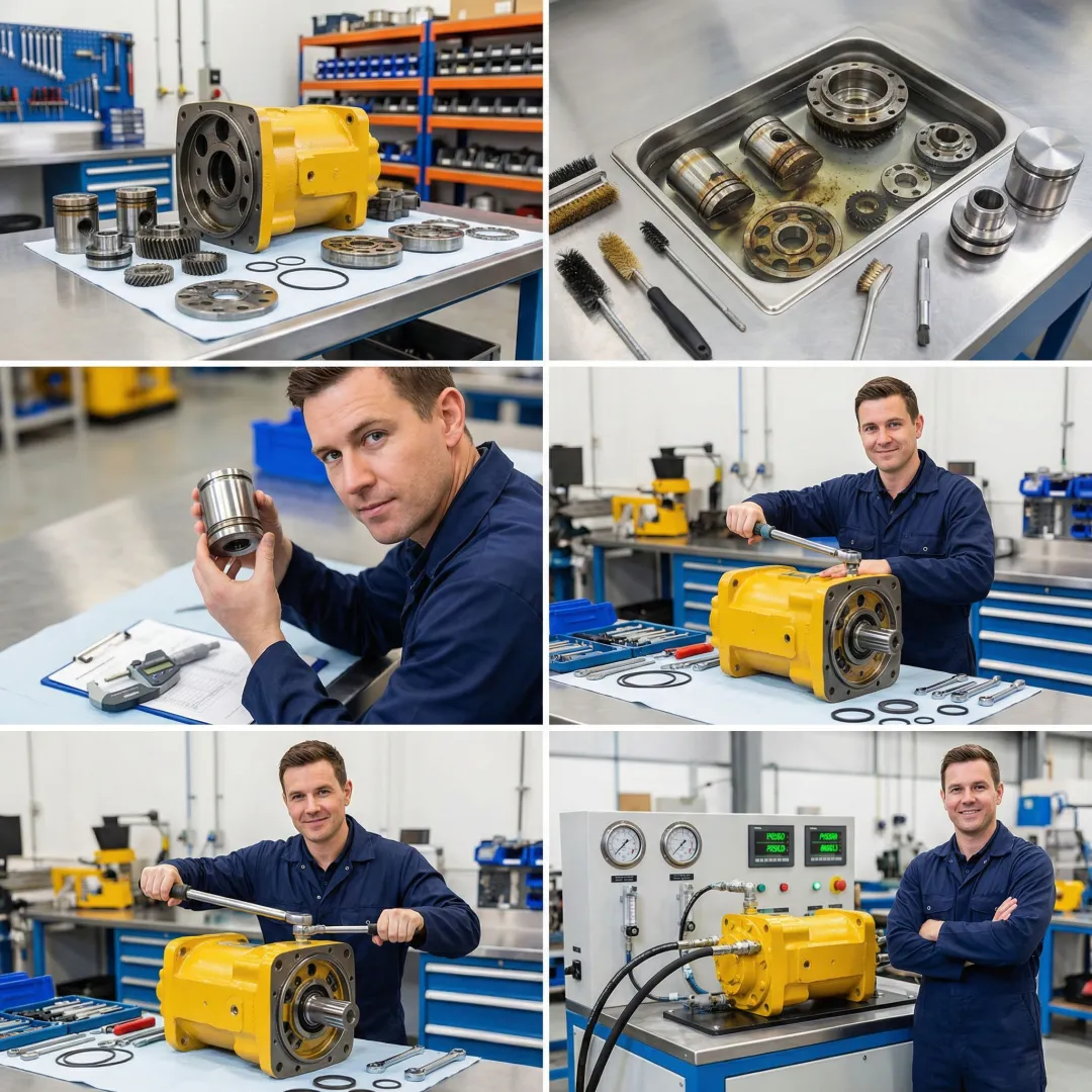 Step-by-step hydraulic pump rebuild process in an industrial workshop