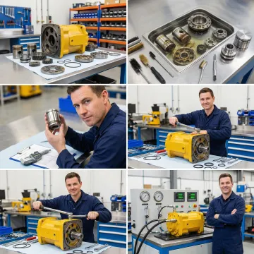 Step-by-step hydraulic pump rebuild process in an industrial workshop