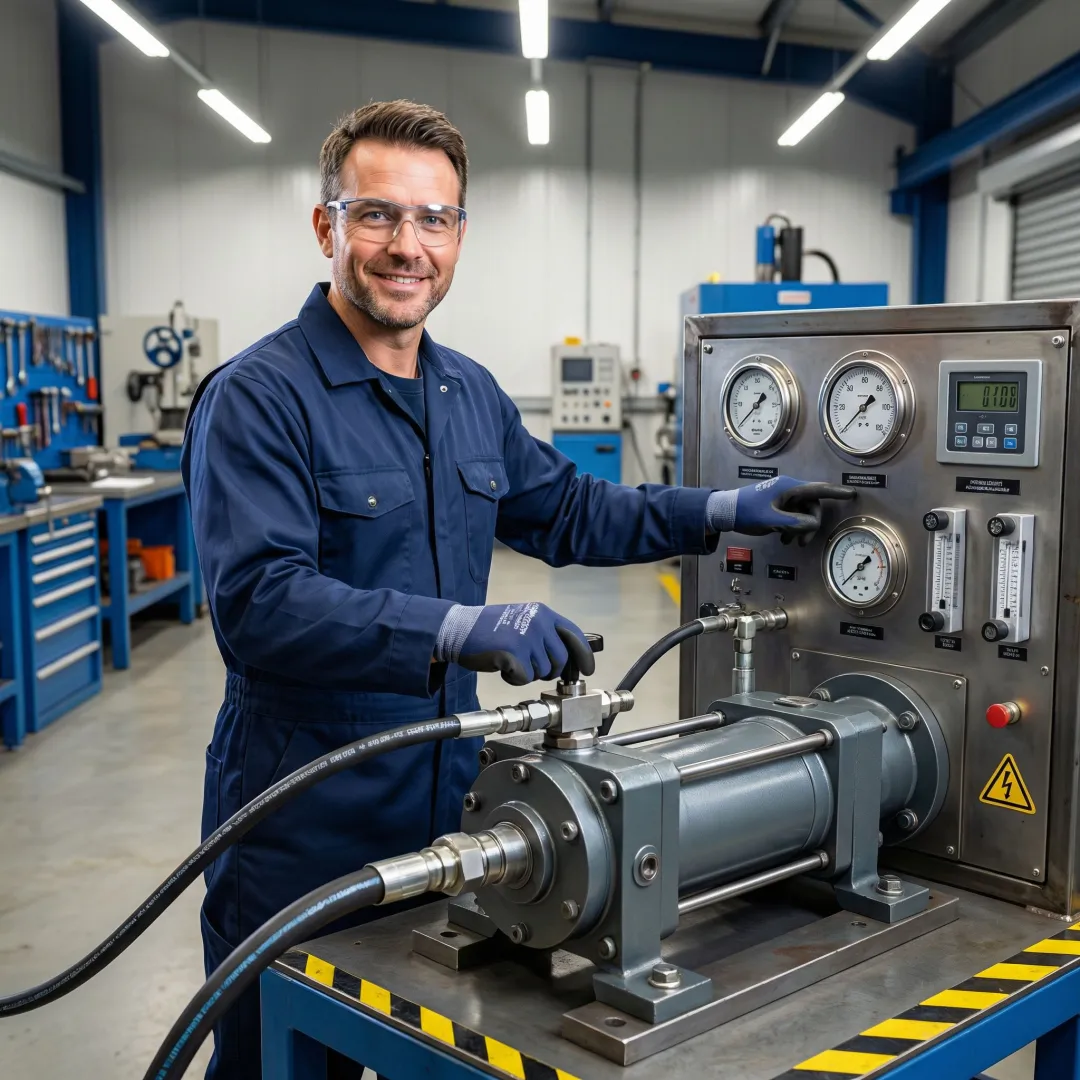 Technician calibrating and testing a rebuilt hydrostatic pump on a test bench