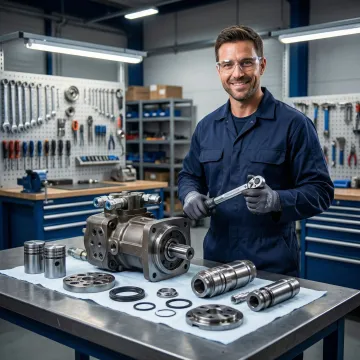 Industrial pump rebuild and repair technician inspecting hydrostatic pump components