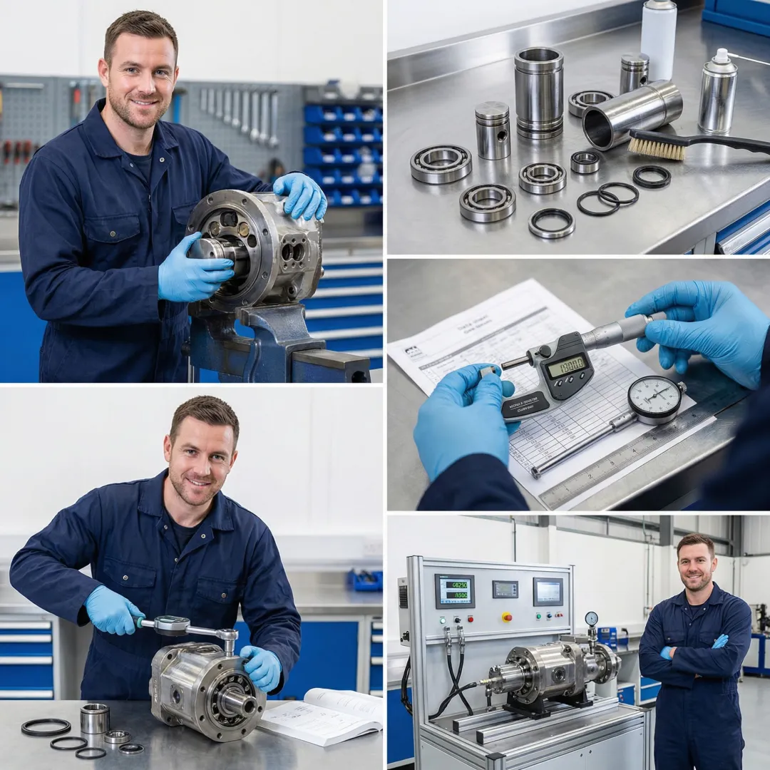 Step-by-step hydrostatic pump rebuild process in a professional facility