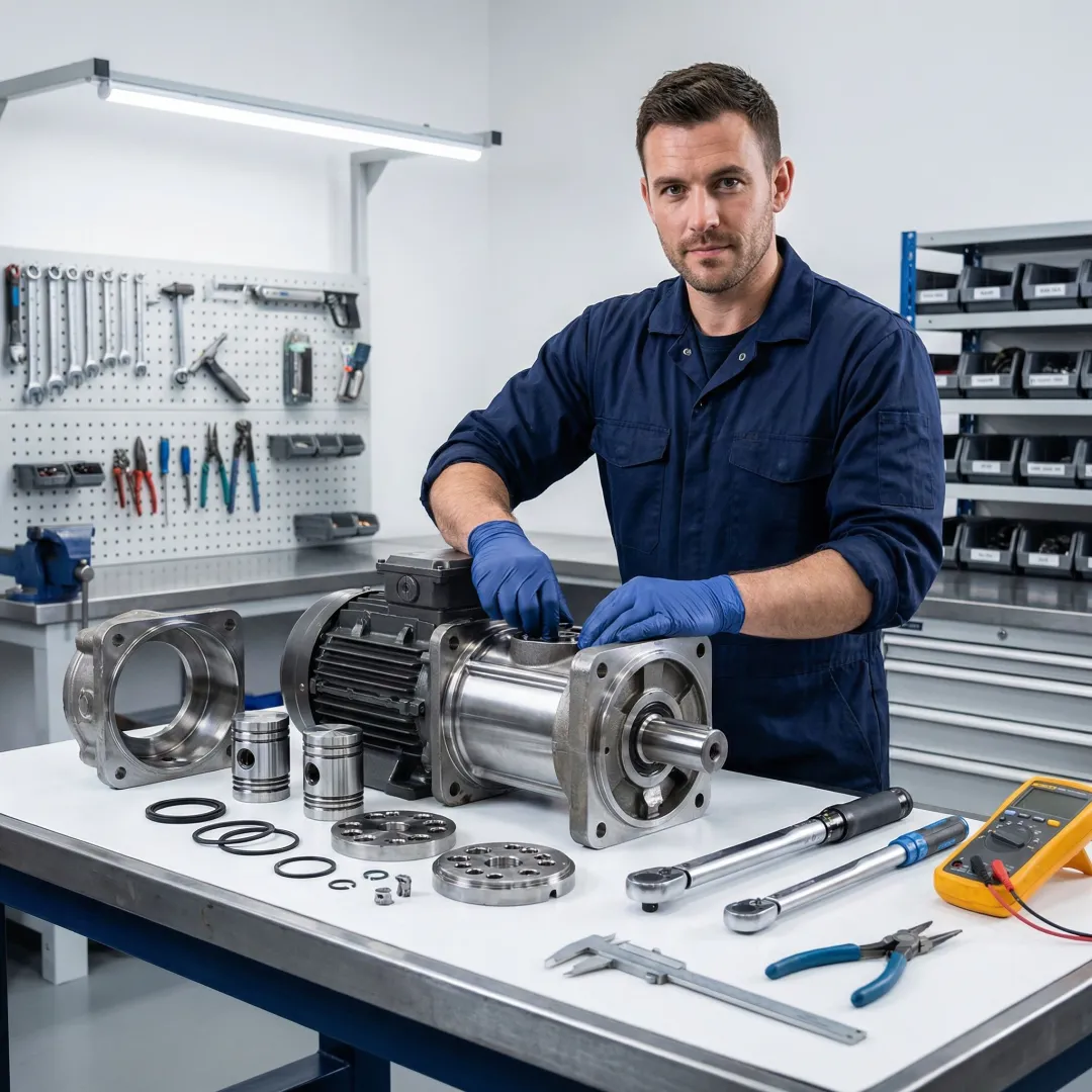 Step-by-step hydrostatic pump rebuild process in a professional repair facility