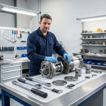 Technician repairing and testing a hydrostatic pump in a professional service facility